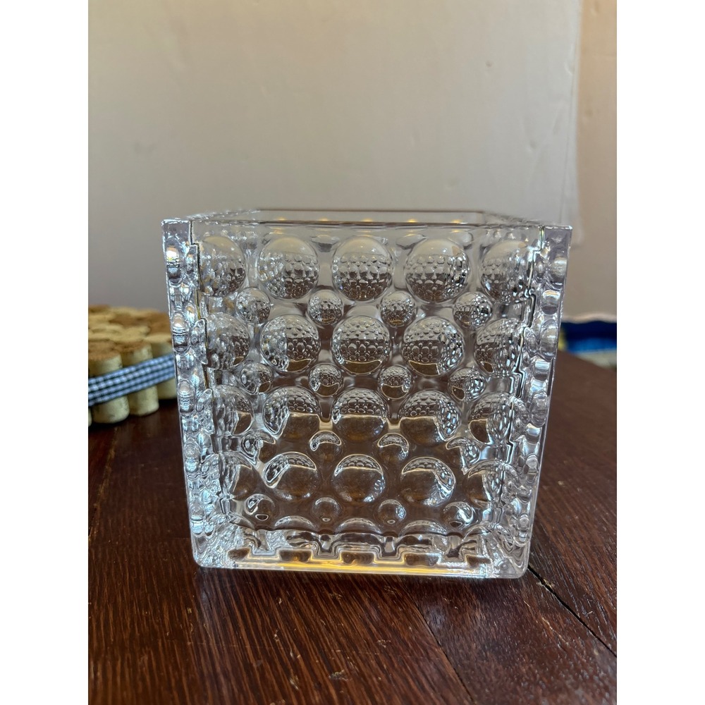 Clear Glass Square Bubble Cube Vase Textured Hobnail Candle Holder 4.75 Inch